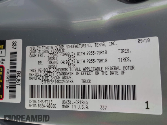 2019 Toyota Tundra 2WD SR with VIN 5TFRY5F14KX245486, listed as a IAAI auction lot 41171640 with 85,697 mi miles. Bid and sale history available at carsss.com. Image 9.