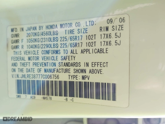 2007 Honda CR-V EX-L with VIN JHLRE38777C006756, listed as a IAAI auction lot 41749547 with 198,606 mi miles. Bid and sale history available at carsss.com. Image 9.