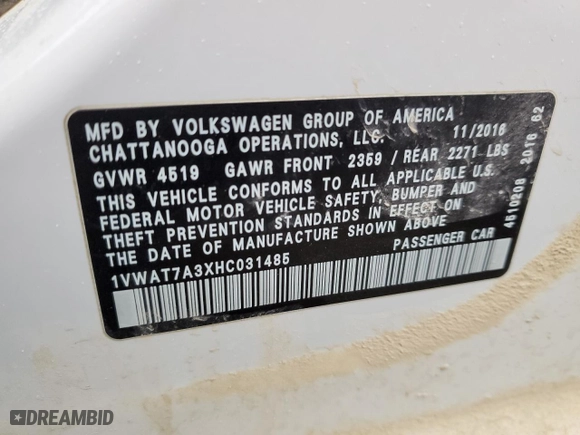 2017 Volkswagen Passat 1.8T S with VIN 1VWAT7A3XHC031485, listed as a Copart auction lot 42159075 with 143,682 mi miles and Salvage Title. Bid and sale history available at carsss.com. Image 12.