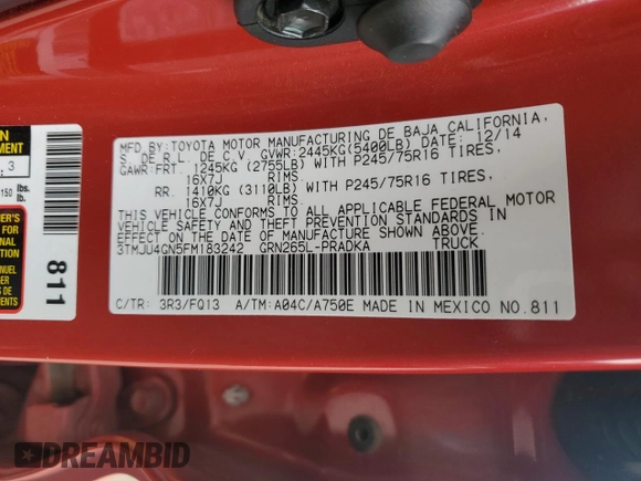 2015 Toyota Tacoma PreRunner z VIN 3TMJU4GN5FM183242, wystawiony jako Copart lot #46185705 z przebiegiem 71 932 mil mil oraz Szkoda całkowita • Salvage title. Historia ofert i sprzedaży dostępna na DreamBid. Obrazek 12.