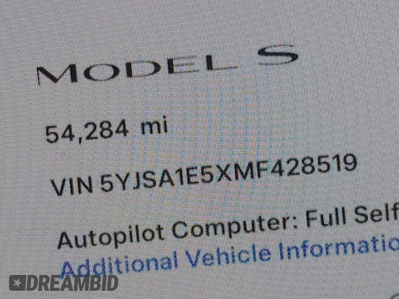 2021 Tesla Model S Long Range with VIN 5YJSA1E5XMF428519, listed as a IAAI auction lot 41926242 with 54,284 mi miles and . Bid and sale history available at DreamBid. Image 9.