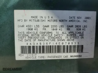 2004 Mitsubishi Galant ES with VIN 4A3AB36F14E070933, listed as a Copart auction lot 68834224 with 184,918 mi miles and Salvage Title. Bid and sale history available at carsss.com. Image 13.