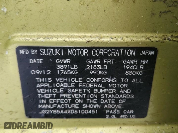 2013 Suzuki SX4 with VIN JS2YB5A4XD6100451, listed as a Copart auction lot 88750495 with 149,372 mi miles and Salvage Title. Bid and sale history available at DreamBid. Image 13.