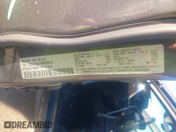2021 Jeep Grand Cherokee Altitude z VIN 1C4RJKAG7M8209612, wystawiony jako IAAI lot #41695777 z przebiegiem 57 672 mil mil oraz . Historia ofert i sprzedaży dostępna na DreamBid. Obrazek 9.
