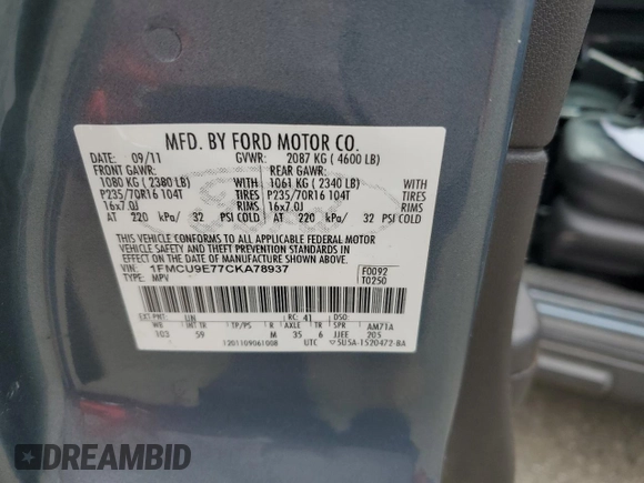 2012 Ford Escape Limited with VIN 1FMCU9E77CKA78937, listed as a Copart auction lot 60941035 with 207,838 mi miles and Clean title. Bid and sale history available at DreamBid. Image 13.