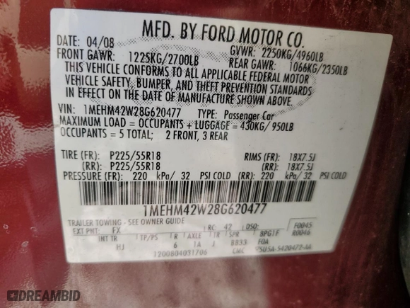 2008 Mercury Sable Premier with VIN 1MEHM42W28G620477, listed as a Copart auction lot 74179034 with 147,762 mi miles and Clean Title. Bid and sale history available at carsss.com. Image 12.