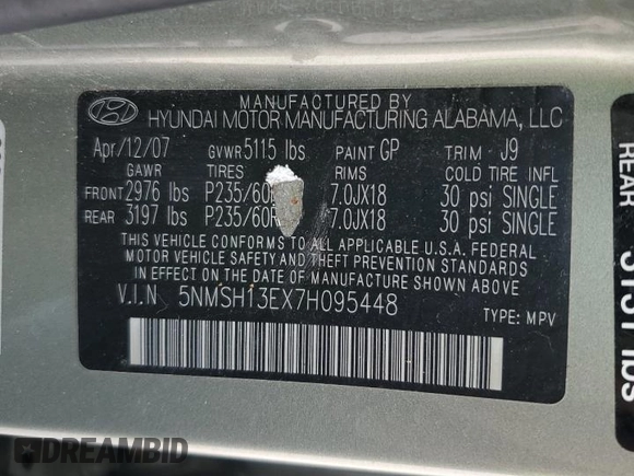 2007 Hyundai Santa Fe SE z VIN 5NMSH13EX7H095448, wystawiony jako Copart lot #58595565 z przebiegiem 96 939 mil mil oraz Szkoda całkowita • Salvage title. Historia ofert i sprzedaży dostępna na DreamBid. Obrazek 13.