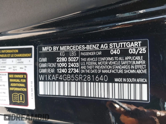 2025 Mercedes-Benz C 300 with VIN W1KAF4GB5SR281640, listed as a IAAI auction lot 42668491 with 1,869 mi miles and . Bid and sale history available at DreamBid. Image 9.