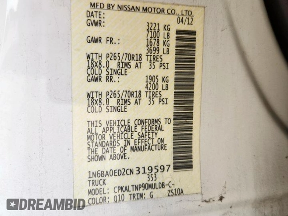 2012 Nissan Titan SV with VIN 1N6BA0ED2CN319597, listed as a Copart auction lot 62016445 with 169,120 mi miles and Salvage title. Bid and sale history available at DreamBid. Image 12.
