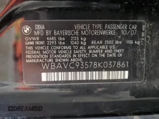 2008 BMW 3 Series 328xi z VIN WBAVC93578K037861, wystawiony jako Copart lot #58364495 z przebiegiem 147 497 mil mil oraz Nie do naprawy • Non repairable. Historia ofert i sprzedaży dostępna na DreamBid. Obrazek 12.