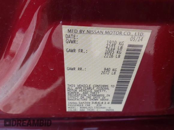 2014 Nissan Altima SV with VIN 1N4AL3AP2EN386414, listed as a IAAI auction lot 41739659 with 138,806 mi miles and . Bid and sale history available at carsss.com. Image 9.