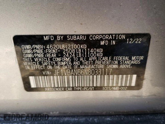 2022 Subaru WRX Limited with VIN JF1VBAN66N8033117, listed as a Copart auction lot 42981445 with 24,959 mi miles and Salvage Title. Bid and sale history available at carsss.com. Image 12.