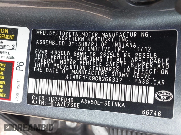 2012 Toyota Camry L with VIN 4T4BF1FK9CR266332, listed as a IAAI auction lot 42096660 with 106,150 mi miles. Bid and sale history available at carsss.com. Image 9.