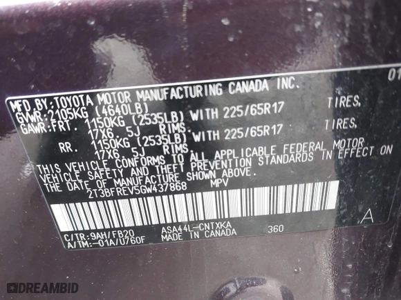 2016 Toyota RAV4 LE with VIN 2T3BFREV5GW437868, listed as a IAAI auction lot 41723004 with 142,793 mi miles. Bid and sale history available at carsss.com. Image 9.
