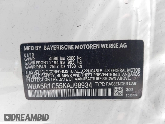 2019 BMW 3 Series 330i with VIN WBA5R1C55KAJ98934, listed as a IAAI auction lot 42396379 with 65,946 mi miles and . Bid and sale history available at DreamBid. Image 9.