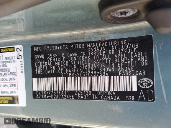2007 Toyota Corolla CE с VIN 2T1BR32E57C727594, выставлен на аукционе Copart как лот 65019685 с пробегом Не указан миль и Чистый • Clean title. История ставок и продаж доступна на DreamBid. Изображение 12.