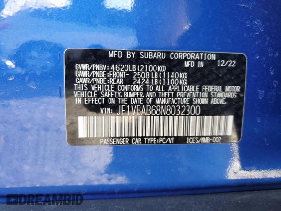 2022 Subaru WRX z VIN JF1VBAB68N8032300, wystawiony jako Copart lot #44021565 z przebiegiem Nie podano mil oraz Szkody całkowita. Historia ofert i sprzedaży dostępna na DreamBid. Obrazek 12.