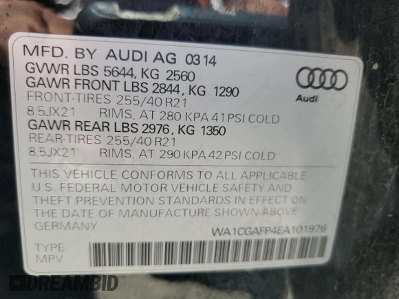 2014 Audi SQ5 Premium Plus with VIN WA1CGAFP4EA101976, listed as a Copart auction lot 59542494 with 75,645 mi miles and Salvage Title. Bid and sale history available at carsss.com. Image 13.
