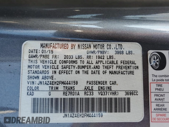 2015 Nissan 370Z with VIN JN1AZ4EH2FM444159, listed as a Copart auction lot 71005944 with 54,063 mi miles and Salvage Title. Bid and sale history available at carsss.com. Image 13.