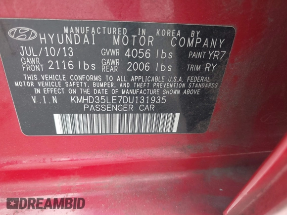2013 Hyundai Elantra GT with VIN KMHD35LE7DU131935, listed as a IAAI auction lot 42149244 with 191,307 mi miles. Bid and sale history available at carsss.com. Image 9.