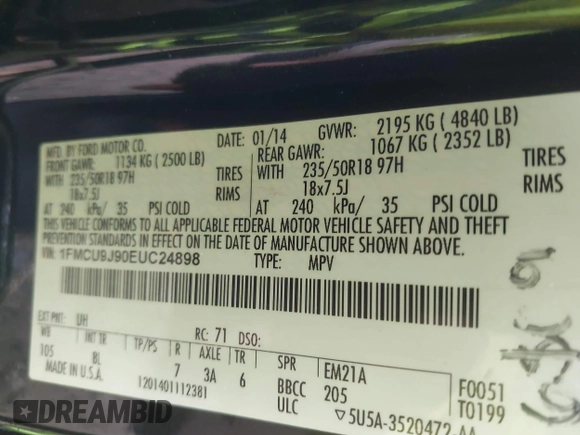 2014 Ford Escape Titanium with VIN 1FMCU9J90EUC24898, listed as a IAAI auction lot 42166523 with 152,464 mi miles and . Bid and sale history available at DreamBid. Image 9.