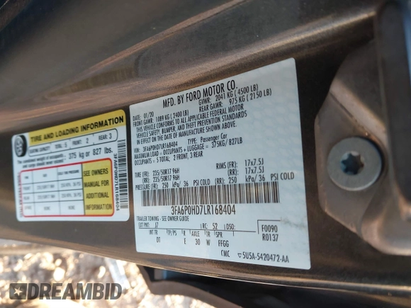 2020 Ford Fusion SE with VIN 3FA6P0HD7LR168404, listed as a IAAI auction lot 41763314 with 121,004 mi miles and . Bid and sale history available at DreamBid. Image 9.