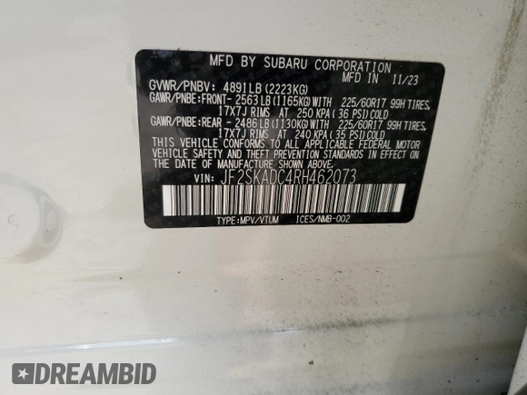 2024 Subaru Forester Premium с VIN JF2SKADC4RH462073, выставлен на аукционе Copart как лот 59574415 с пробегом 9 075 миль миль и Списание • Salvage title. История ставок и продаж доступна на DreamBid. Изображение 14.