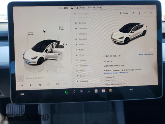 2022 Tesla Model 3 with VIN 5YJ3E1EAXNF203914, listed as a Copart auction lot 46982935 with 70,766 mi miles and Salvage Title. Bid and sale history available at DreamBid. Image 9.