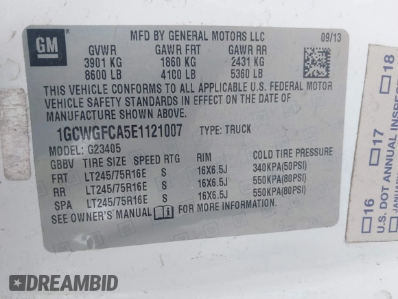 2014 Chevrolet Express Cargo with VIN 1GCWGFCA5E1121007, listed as a IAAI auction lot 42505878 with 178,916 mi miles and . Bid and sale history available at DreamBid. Image 9.