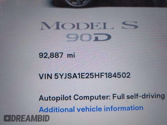 2017 Tesla Model S 100D with VIN 5YJSA1E25HF184502, listed as a IAAI auction lot 41834310 with 92,887 mi miles and . Bid and sale history available at DreamBid. Image 16.