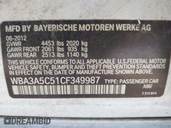 2012 BMW 3 Series 328i with VIN WBA3A5C51CF349987, listed as a IAAI auction lot 42013599 with 256,461 mi miles. Bid and sale history available at carsss.com. Image 9.