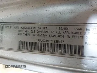 2000 Audi TT z VIN TRUUC28N3Y1026477, wystawiony jako IAAI lot #42367016 z przebiegiem 136 182 mil mil oraz . Historia ofert i sprzedaży dostępna na DreamBid. Obrazek 9.