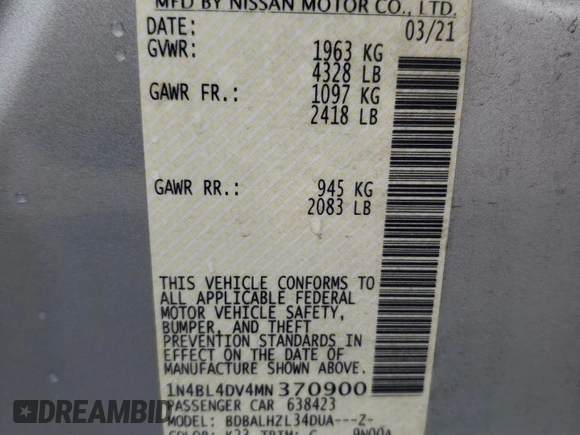 2021 Nissan Altima SV with VIN 1N4BL4DV4MN370900, listed as a Copart auction lot 61149325 with 71,427 mi miles and Salvage title. Bid and sale history available at DreamBid. Image 12.
