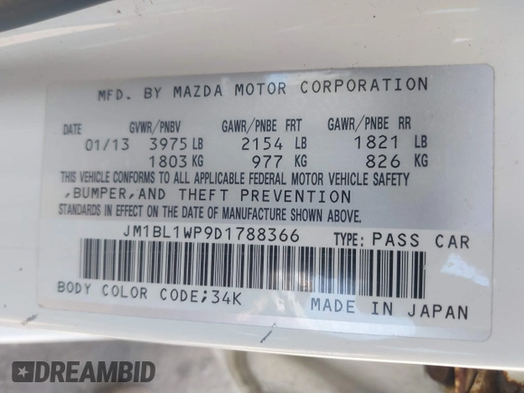 2013 Mazda 3 i Grand Touring with VIN JM1BL1WP9D1788366, listed as a IAAI auction lot 39782624 with 229,243 mi miles and . Bid and sale history available at DreamBid. Image 9.