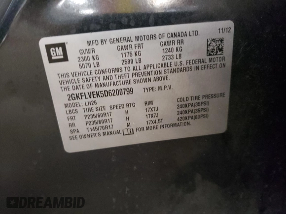 2013 GMC Terrain SLT z VIN 2GKFLVEK5D6200799, wystawiony jako Copart lot #54032705 z przebiegiem 112 937 mil mil oraz Nie do naprawy • Non repairable. Historia ofert i sprzedaży dostępna na DreamBid. Obrazek 13.