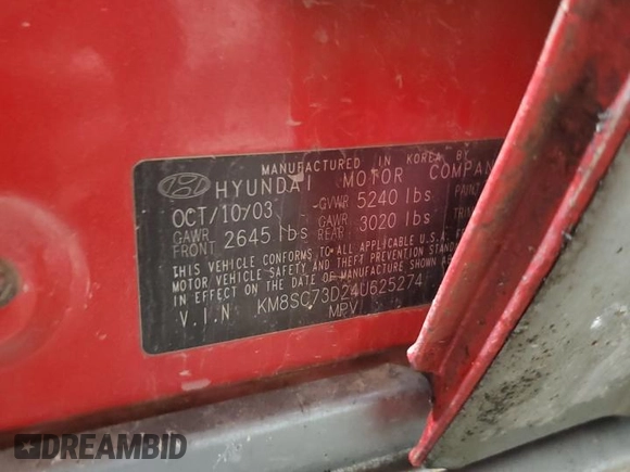 2004 Hyundai Santa Fe GLS with VIN KM8SC73D24U625274, listed as a Copart auction lot 45061445 with 248,631 mi miles and Salvage Title. Bid and sale history available at carsss.com. Image 14.