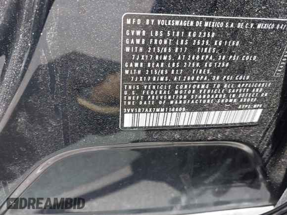 2021 Volkswagen Tiguan S z VIN 3VV1B7AX7MM116609, wystawiony jako IAAI lot #42206016 z przebiegiem 47 049 mil mil oraz . Historia ofert i sprzedaży dostępna na DreamBid. Obrazek 9.
