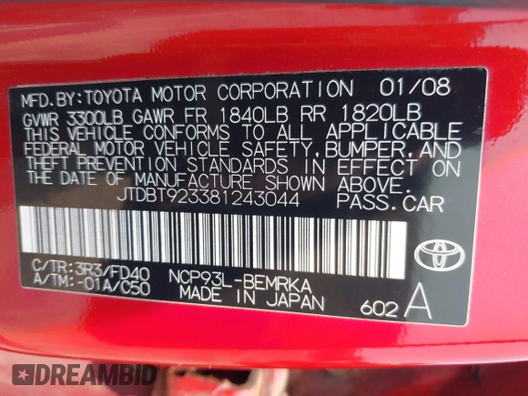 2008 Toyota Yaris with VIN JTDBT923381243044, listed as a IAAI auction lot 42422419 with 204,928 mi miles and . Bid and sale history available at DreamBid. Image 9.