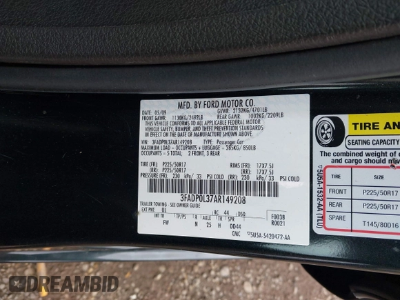 2010 Ford Fusion Hybrid with VIN 3FADP0L37AR149208, listed as a IAAI auction lot 42049333 with 53,910 mi miles. Bid and sale history available at carsss.com. Image 9.