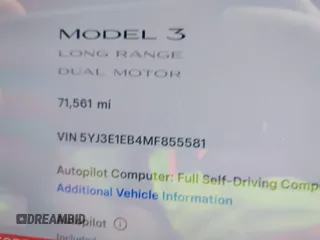 2021 Tesla Model 3 Long Range with VIN 5YJ3E1EB4MF855581, listed as a IAAI auction lot 41974515 with 71,561 mi miles. Bid and sale history available at carsss.com. Image 15.