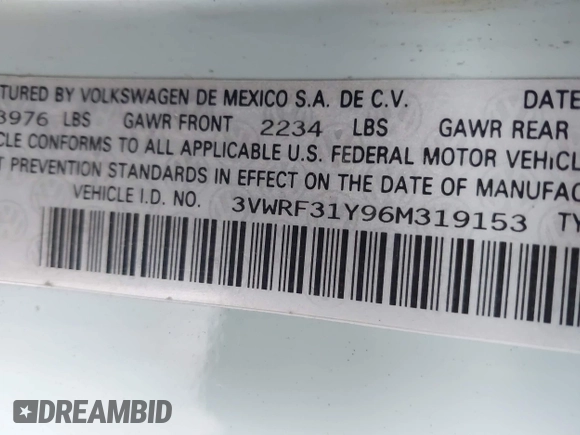 2006 Volkswagen Beetle with VIN 3VWRF31Y96M319153, listed as a IAAI auction lot 42714949 with 179,332 mi miles and . Bid and sale history available at DreamBid. Image 9.
