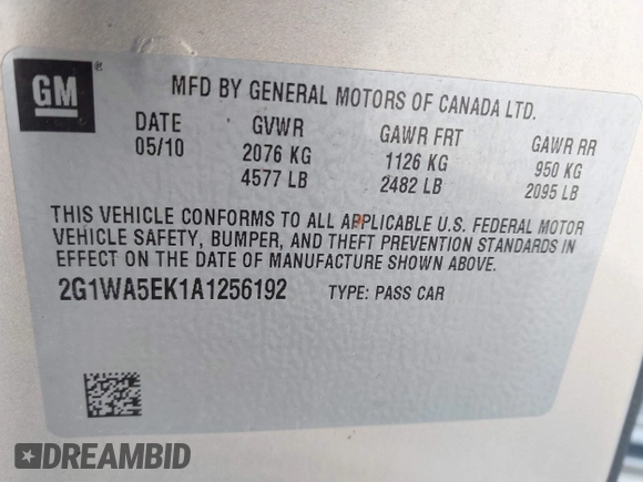 2010 Chevrolet Impala LS with VIN 2G1WA5EK1A1256192, listed as a IAAI auction lot 41794370 with 149,885 mi miles and . Bid and sale history available at DreamBid. Image 9.