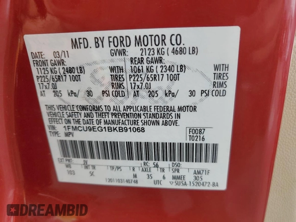 2011 Ford Escape Limited with VIN 1FMCU9EG1BKB91068, listed as a Copart auction lot 50099555 with 61,897 mi miles and Salvage Title. Bid and sale history available at carsss.com. Image 16.