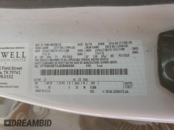 2018 Ford F-350 XL with VIN 1FT8W3BT5JEB89050, listed as a Copart auction lot 54020355 with 150,621 mi miles and Clean Title. Bid and sale history available at DreamBid. Image 12.