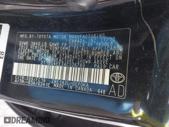 2010 Toyota Corolla with VIN 2T1BU4EE2AC526789, listed as a IAAI auction lot 42211810 with 205,009 mi miles and . Bid and sale history available at DreamBid. Image 9.