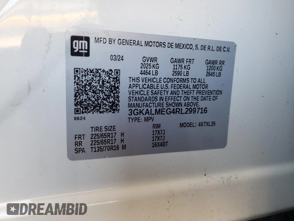 2024 GMC Terrain SLE with VIN 3GKALMEG4RL299716, listed as a Copart auction lot 64078635 with 27,675 mi miles and Clean title. Bid and sale history available at DreamBid. Image 13.