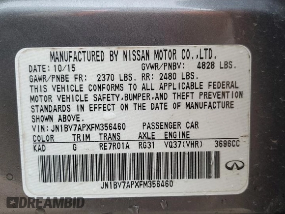 2015 Infiniti Q50 Premium with VIN JN1BV7APXFM356460, listed as a Copart auction lot 46093835 with 149,206 mi miles and Non Repairable. Bid and sale history available at carsss.com. Image 12.