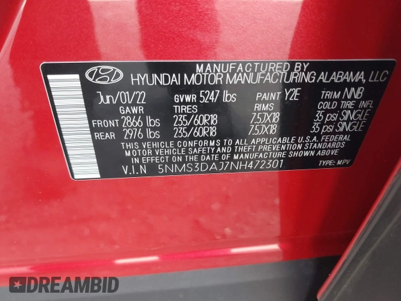2022 Hyundai Santa Fe SEL with VIN 5NMS3DAJ7NH472301, listed as a IAAI auction lot 41634283 with 17,457 mi miles. Bid and sale history available at carsss.com. Image 9.