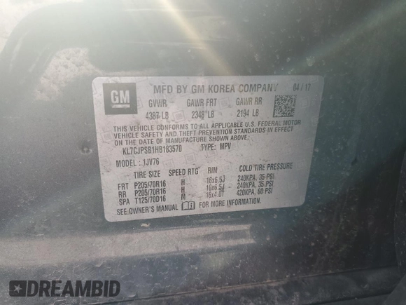 2017 Chevrolet Trax LT with VIN KL7CJPSB1HB183570, listed as a Copart auction lot 48894395 with 0 mi miles and Salvage Title. Bid and sale history available at carsss.com. Image 15.
