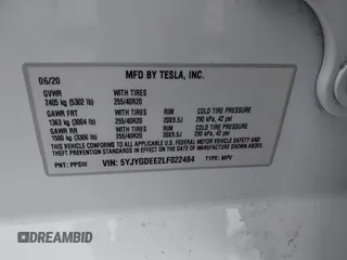 2020 Tesla Model Y Long Range with VIN 5YJYGDEE2LF022484, listed as a IAAI auction lot 41798662 with 108,978 mi miles and . Bid and sale history available at DreamBid. Image 9.